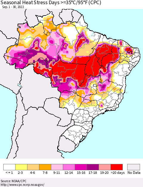 Brazil Seasonal Heat Stress Days >=35°C/95°F (CPC) Thematic Map For 9/1/2022 - 9/30/2022