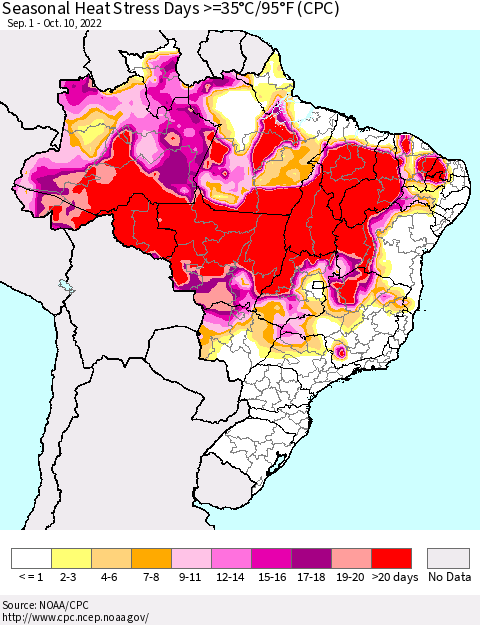 Brazil Seasonal Heat Stress Days >=35°C/95°F (CPC) Thematic Map For 9/1/2022 - 10/10/2022