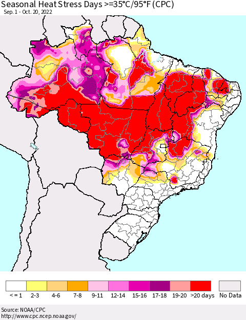 Brazil Seasonal Heat Stress Days >=35°C/95°F (CPC) Thematic Map For 9/1/2022 - 10/20/2022