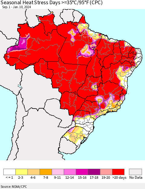 Brazil Seasonal Heat Stress Days >=35°C/95°F (CPC) Thematic Map For 9/1/2023 - 1/10/2024
