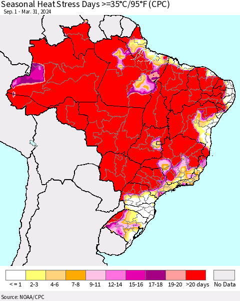 Brazil Seasonal Heat Stress Days >=35°C/95°F (CPC) Thematic Map For 9/1/2023 - 3/31/2024