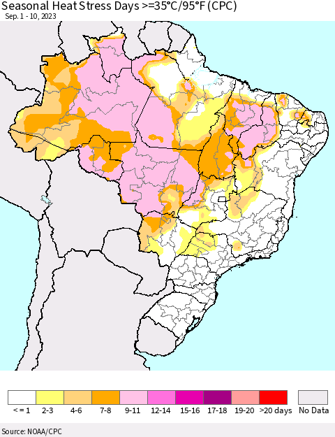 Brazil Seasonal Heat Stress Days >=35°C/95°F (CPC) Thematic Map For 9/1/2023 - 9/10/2023