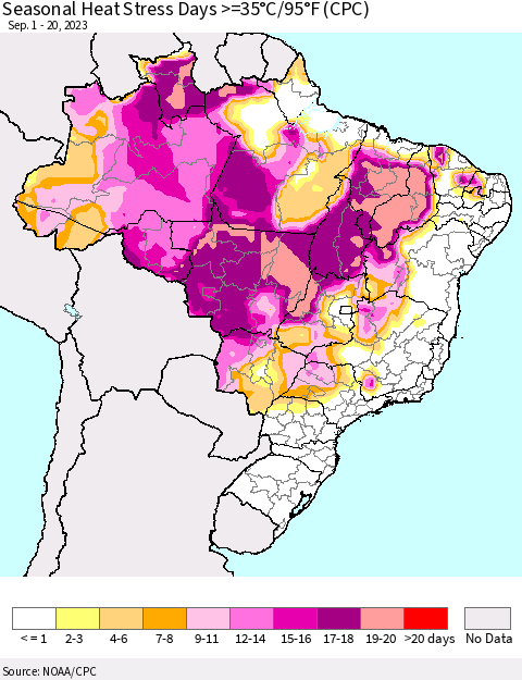 Brazil Seasonal Heat Stress Days >=35°C/95°F (CPC) Thematic Map For 9/1/2023 - 9/20/2023