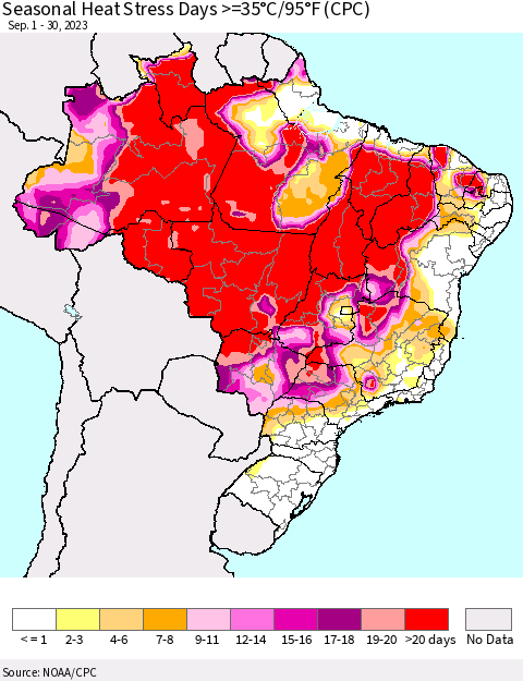 Brazil Seasonal Heat Stress Days >=35°C/95°F (CPC) Thematic Map For 9/1/2023 - 9/30/2023