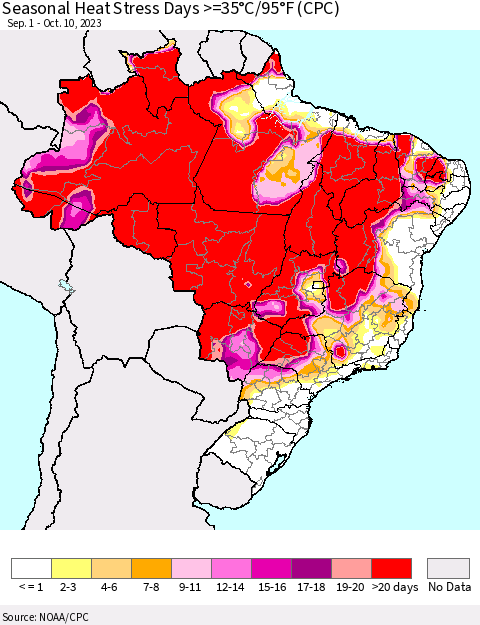 Brazil Seasonal Heat Stress Days >=35°C/95°F (CPC) Thematic Map For 9/1/2023 - 10/10/2023