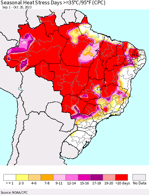 Brazil Seasonal Heat Stress Days >=35°C/95°F (CPC) Thematic Map For 9/1/2023 - 10/20/2023