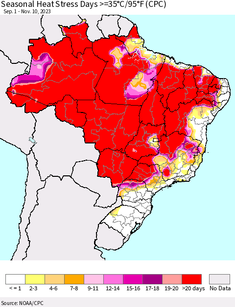 Brazil Seasonal Heat Stress Days >=35°C/95°F (CPC) Thematic Map For 9/1/2023 - 11/10/2023