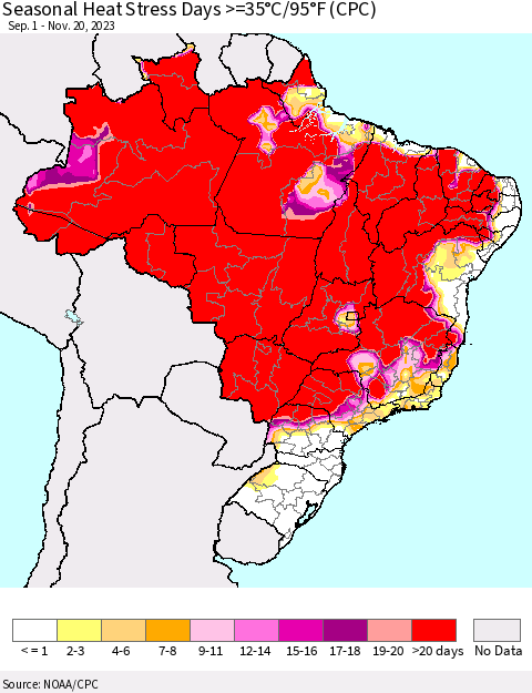 Brazil Seasonal Heat Stress Days >=35°C/95°F (CPC) Thematic Map For 9/1/2023 - 11/20/2023