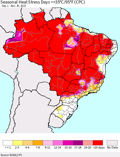 Brazil Seasonal Heat Stress Days >=35°C/95°F (CPC) Thematic Map For 9/1/2023 - 11/30/2023
