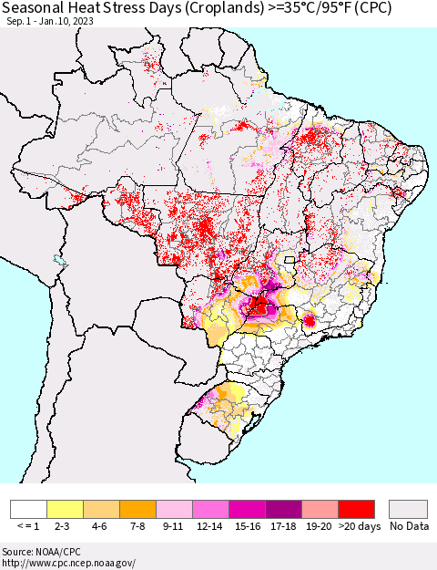 Brazil Seasonal Heat Stress Days (Croplands) >=35°C/95°F (CPC) Thematic Map For 9/1/2022 - 1/10/2023