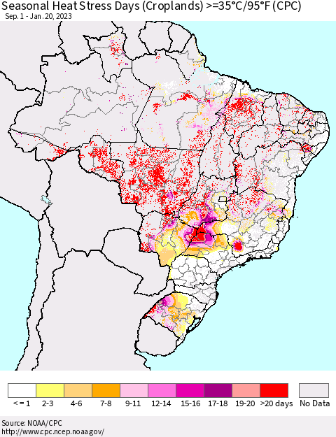 Brazil Seasonal Heat Stress Days (Croplands) >=35°C/95°F (CPC) Thematic Map For 9/1/2022 - 1/20/2023