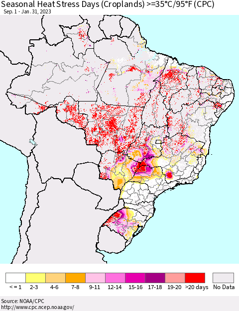 Brazil Seasonal Heat Stress Days (Croplands) >=35°C/95°F (CPC) Thematic Map For 9/1/2022 - 1/31/2023