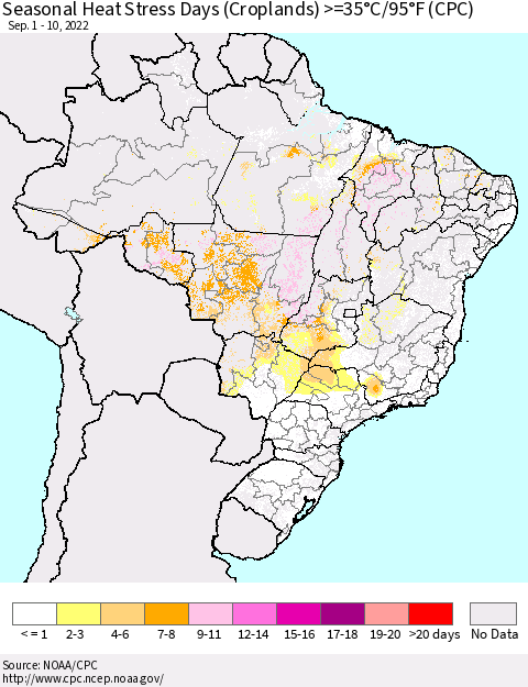 Brazil Seasonal Heat Stress Days (Croplands) >=35°C/95°F (CPC) Thematic Map For 9/1/2022 - 9/10/2022