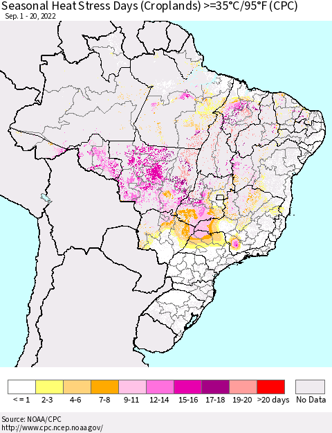 Brazil Seasonal Heat Stress Days (Croplands) >=35°C/95°F (CPC) Thematic Map For 9/1/2022 - 9/20/2022