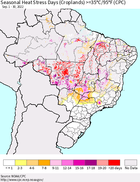 Brazil Seasonal Heat Stress Days (Croplands) >=35°C/95°F (CPC) Thematic Map For 9/1/2022 - 9/30/2022