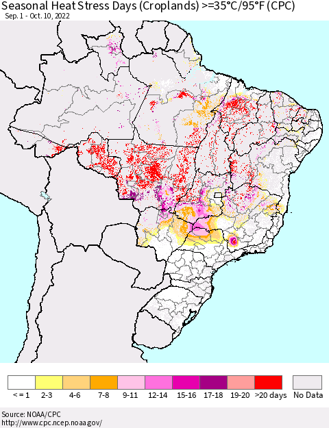 Brazil Seasonal Heat Stress Days (Croplands) >=35°C/95°F (CPC) Thematic Map For 9/1/2022 - 10/10/2022