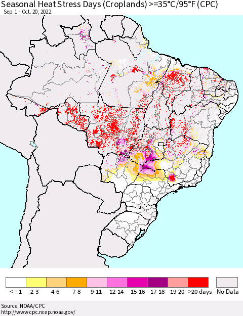 Brazil Seasonal Heat Stress Days (Croplands) >=35°C/95°F (CPC) Thematic Map For 9/1/2022 - 10/20/2022
