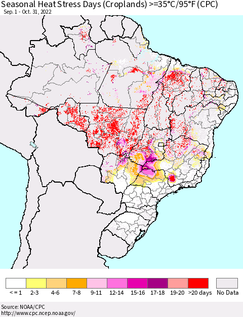 Brazil Seasonal Heat Stress Days (Croplands) >=35°C/95°F (CPC) Thematic Map For 9/1/2022 - 10/31/2022