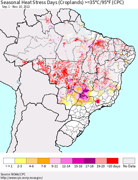 Brazil Seasonal Heat Stress Days (Croplands) >=35°C/95°F (CPC) Thematic Map For 9/1/2022 - 11/10/2022