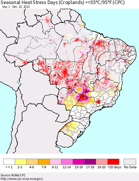 Brazil Seasonal Heat Stress Days (Croplands) >=35°C/95°F (CPC) Thematic Map For 9/1/2022 - 12/10/2022