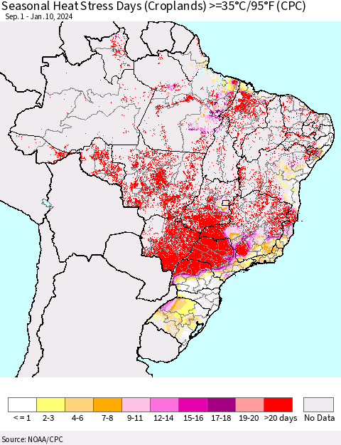 Brazil Seasonal Heat Stress Days (Croplands) >=35°C/95°F (CPC) Thematic Map For 9/1/2023 - 1/10/2024