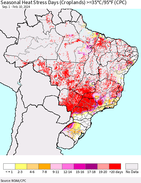 Brazil Seasonal Heat Stress Days (Croplands) >=35°C/95°F (CPC) Thematic Map For 9/1/2023 - 2/10/2024