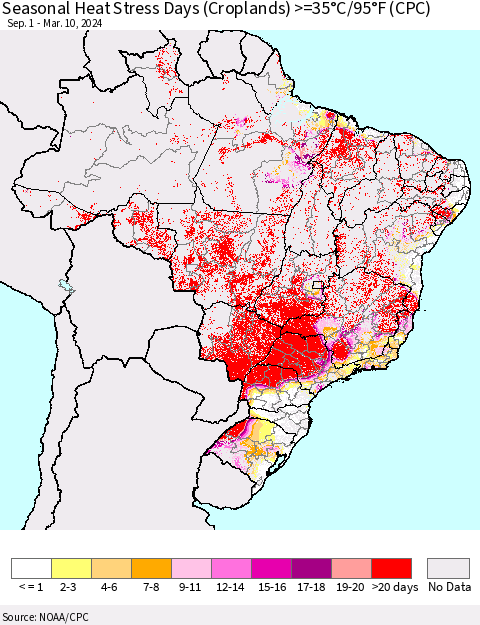 Brazil Seasonal Heat Stress Days (Croplands) >=35°C/95°F (CPC) Thematic Map For 9/1/2023 - 3/10/2024