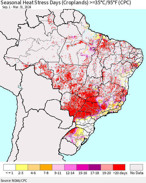 Brazil Seasonal Heat Stress Days (Croplands) >=35°C/95°F (CPC) Thematic Map For 9/1/2023 - 3/31/2024