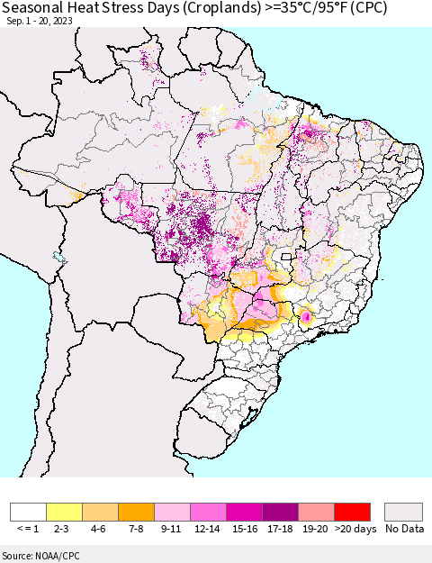 Brazil Seasonal Heat Stress Days (Croplands) >=35°C/95°F (CPC) Thematic Map For 9/1/2023 - 9/20/2023