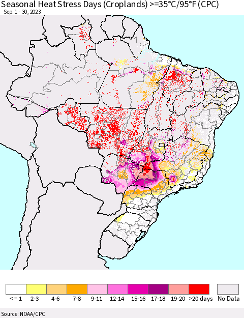 Brazil Seasonal Heat Stress Days (Croplands) >=35°C/95°F (CPC) Thematic Map For 9/1/2023 - 9/30/2023
