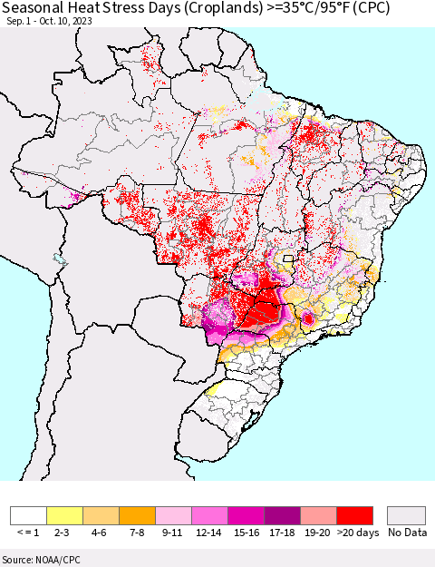 Brazil Seasonal Heat Stress Days (Croplands) >=35°C/95°F (CPC) Thematic Map For 9/1/2023 - 10/10/2023
