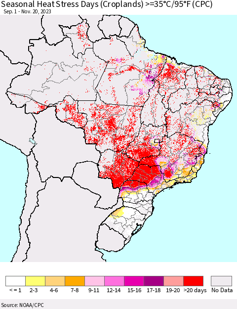 Brazil Seasonal Heat Stress Days (Croplands) >=35°C/95°F (CPC) Thematic Map For 9/1/2023 - 11/20/2023