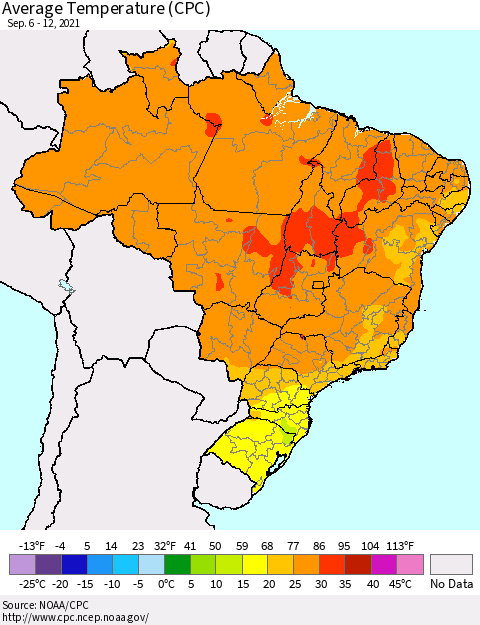 Brazil Average Temperature (CPC) Thematic Map For 9/6/2021 - 9/12/2021