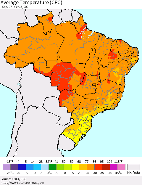 Brazil Average Temperature (CPC) Thematic Map For 9/27/2021 - 10/3/2021