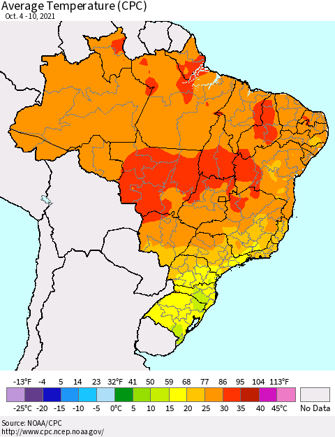 Brazil Average Temperature (CPC) Thematic Map For 10/4/2021 - 10/10/2021