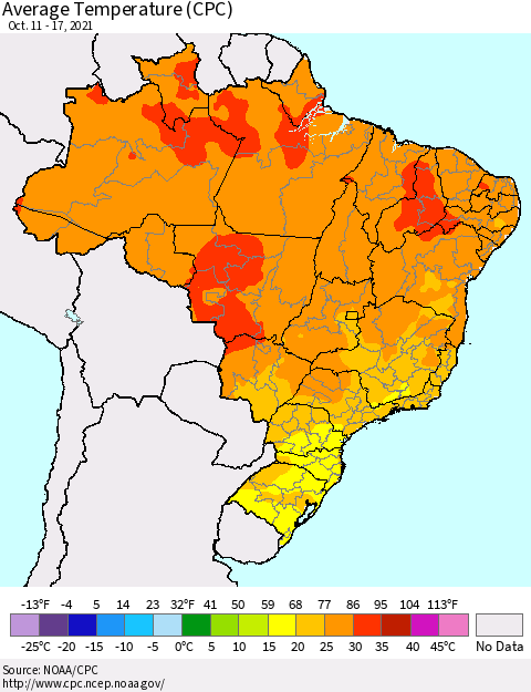 Brazil Average Temperature (CPC) Thematic Map For 10/11/2021 - 10/17/2021