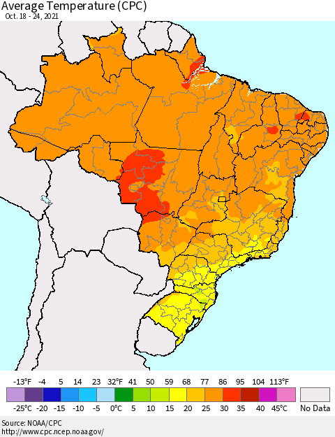 Brazil Average Temperature (CPC) Thematic Map For 10/18/2021 - 10/24/2021
