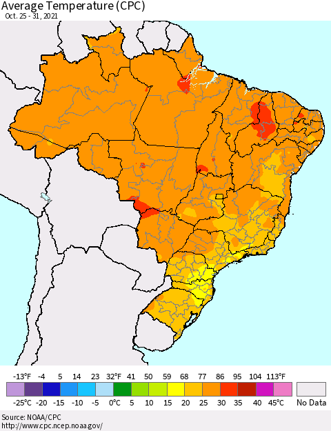 Brazil Average Temperature (CPC) Thematic Map For 10/25/2021 - 10/31/2021