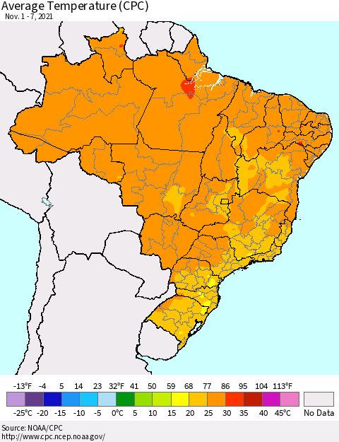 Brazil Average Temperature (CPC) Thematic Map For 11/1/2021 - 11/7/2021