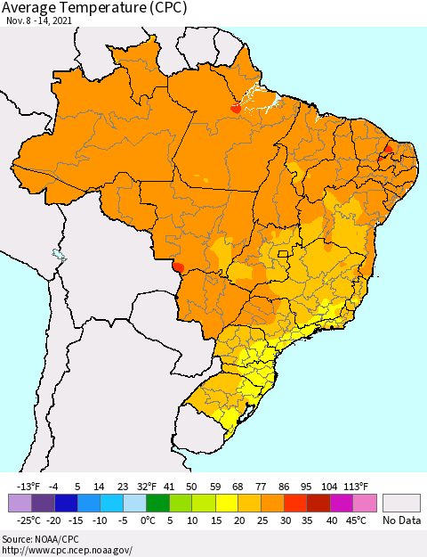 Brazil Average Temperature (CPC) Thematic Map For 11/8/2021 - 11/14/2021