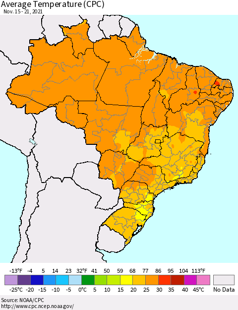 Brazil Average Temperature (CPC) Thematic Map For 11/15/2021 - 11/21/2021