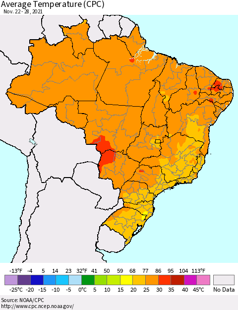 Brazil Average Temperature (CPC) Thematic Map For 11/22/2021 - 11/28/2021