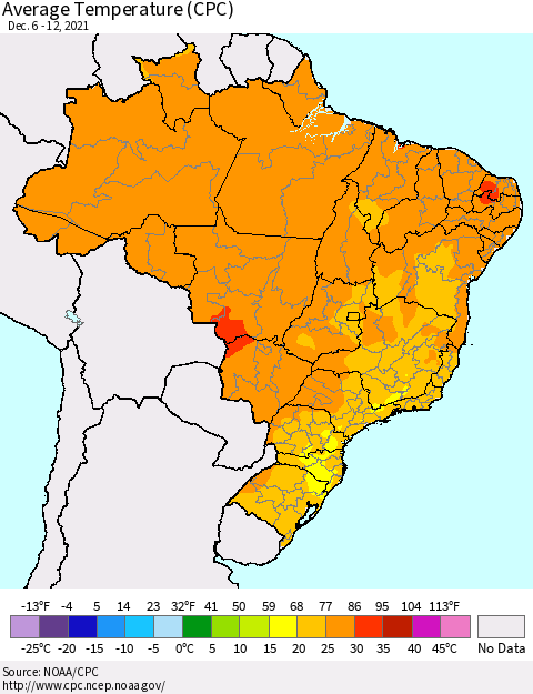Brazil Average Temperature (CPC) Thematic Map For 12/6/2021 - 12/12/2021