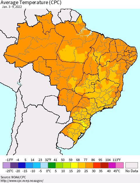 Brazil Average Temperature (CPC) Thematic Map For 1/3/2022 - 1/9/2022