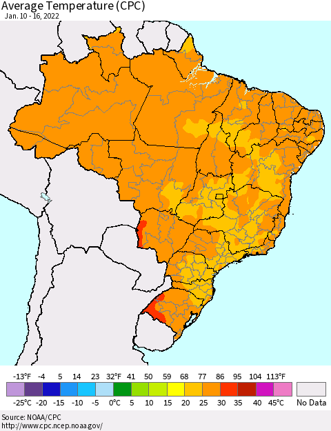 Brazil Average Temperature (CPC) Thematic Map For 1/10/2022 - 1/16/2022