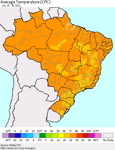 Brazil Average Temperature (CPC) Thematic Map For 1/24/2022 - 1/30/2022