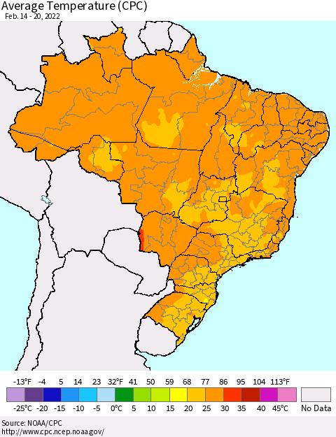 Brazil Average Temperature (CPC) Thematic Map For 2/14/2022 - 2/20/2022