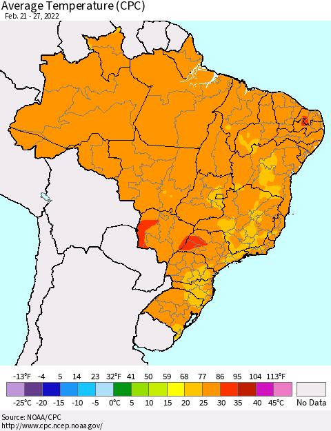 Brazil Average Temperature (CPC) Thematic Map For 2/21/2022 - 2/27/2022