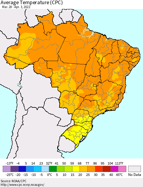 Brazil Average Temperature (CPC) Thematic Map For 3/28/2022 - 4/3/2022