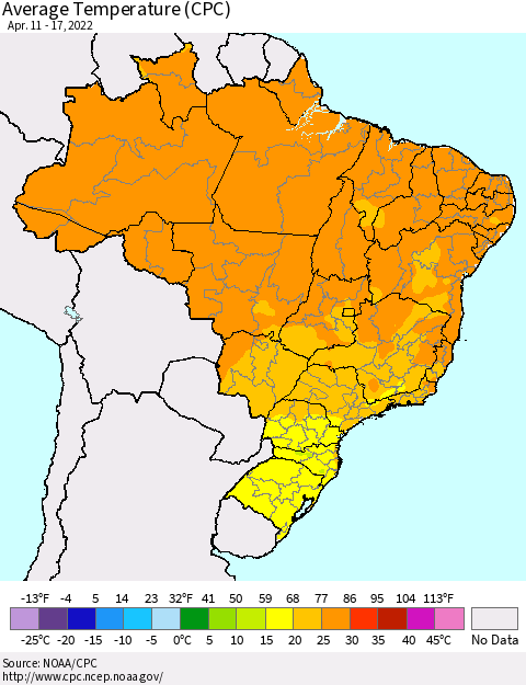 Brazil Average Temperature (CPC) Thematic Map For 4/11/2022 - 4/17/2022